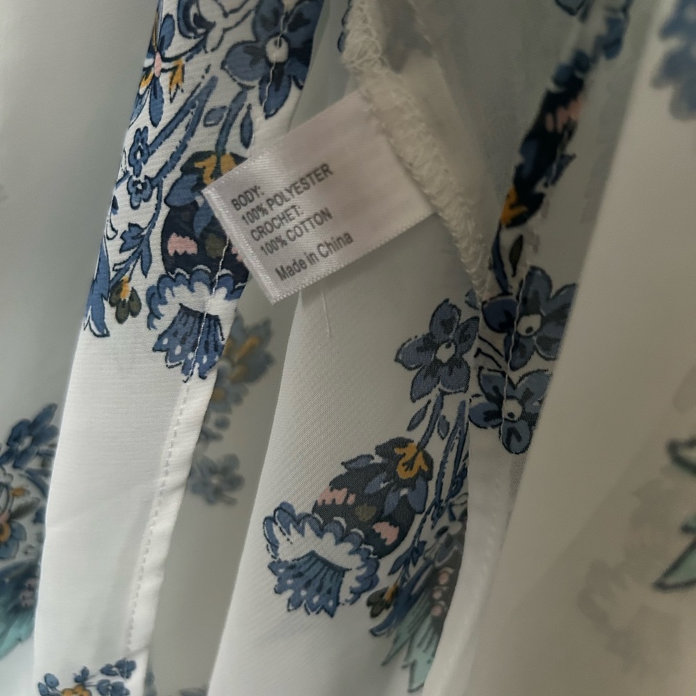 Lane Bryant White Blouse with Blue Floral Print and Crochet Yoke - Picture 3 of 5
